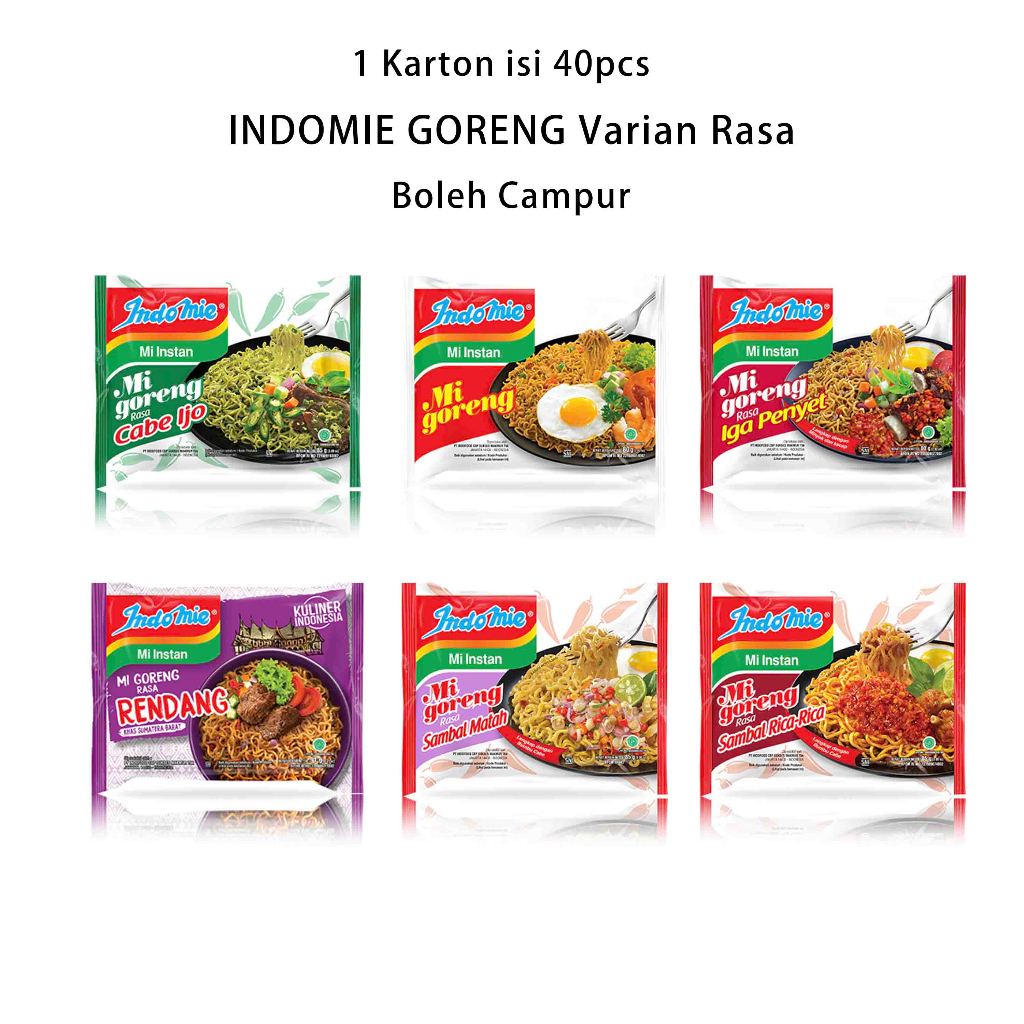 INDOMIE Goreng 1Karton isi 40pcs Varian Rasa Iga Penyet, Sambal Rica-Rica, Cabe Ijo, Sambal Matah, A