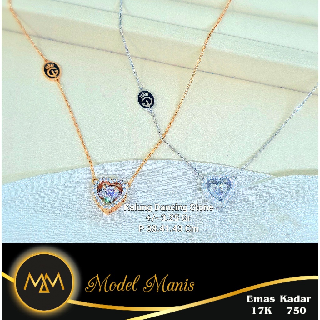 Model Manis Gold - Kalung Love Dancing Stone Putih Rosegold - Emas 17k  750