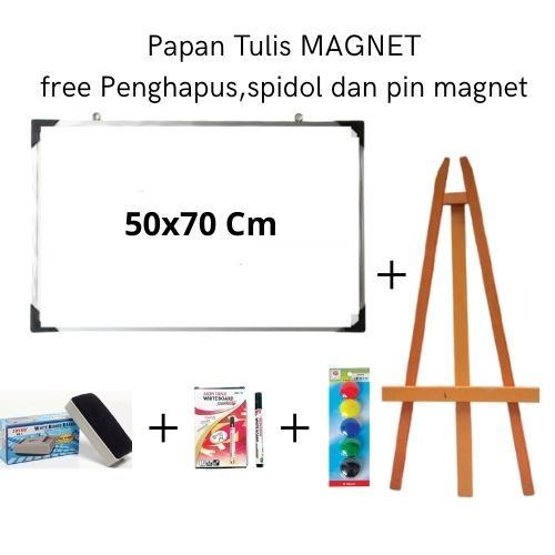 

Paket Komplit Papan Tulis Magnet dan Stand 50x70 cm free spidol+ penghapus dan pin