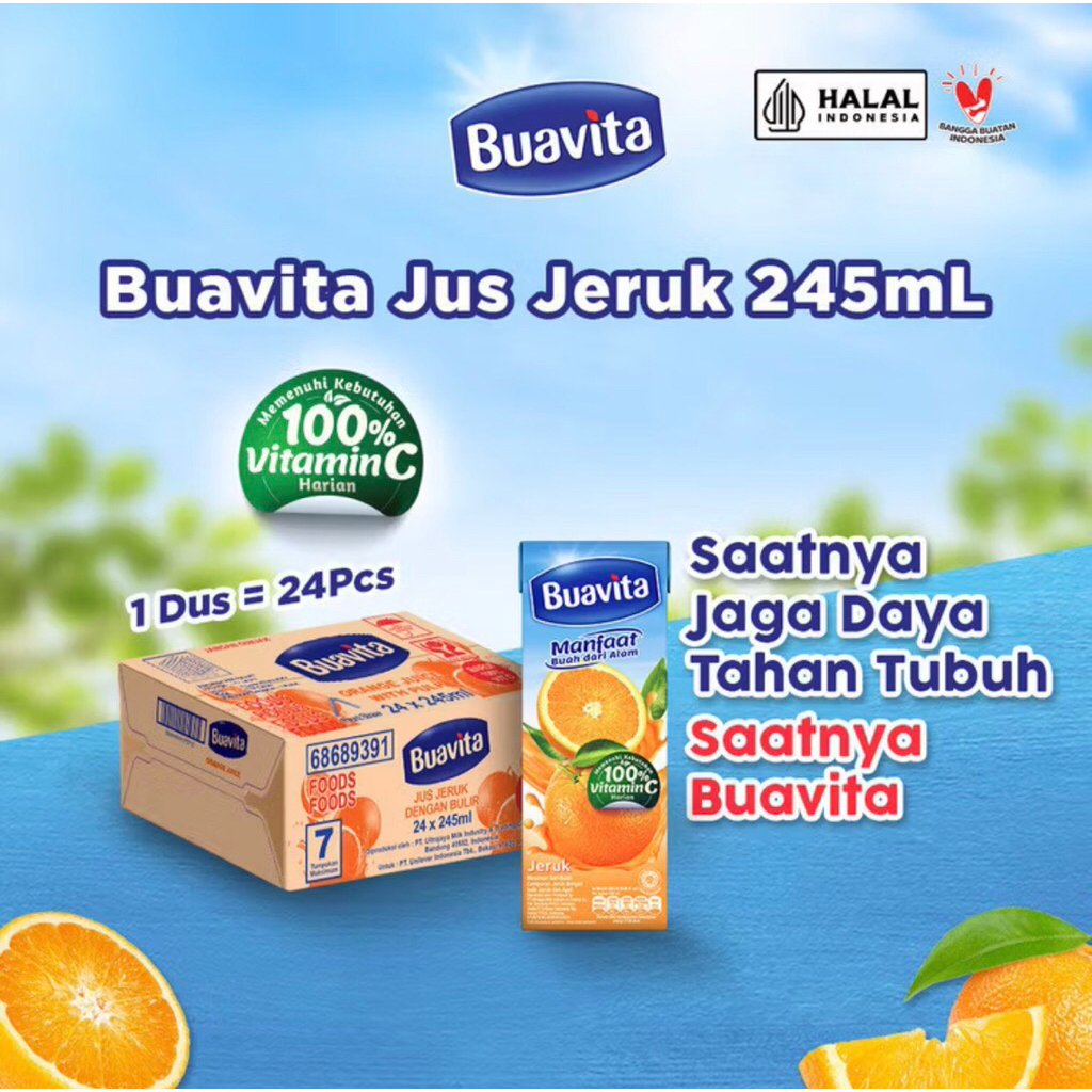 

Buavita Jeruk 1 dus 245 ml isi 24 pcs