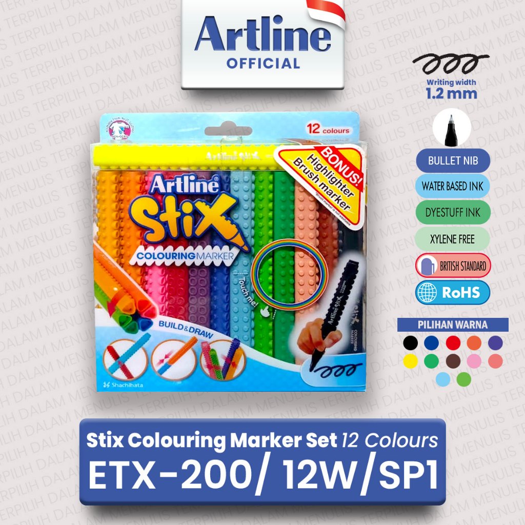 

(LIVE) ARTLINE STIX Colouring Marker Spidol Mewarnai Set 12 Colours ETX-300/12W/SP1 Bonus Highlighter Brush Marker 2