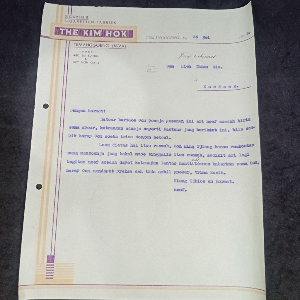 

Surat Tua Pemesanan Sigaretten 1938