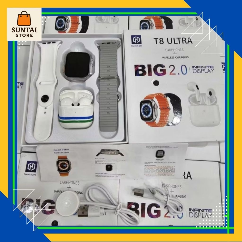 Jam Tangan Smartwatch Ultra T8 I8 Big 2.0 Free Headset TWS Bluetooth dan Strap Tali - Jam Tangan Pin