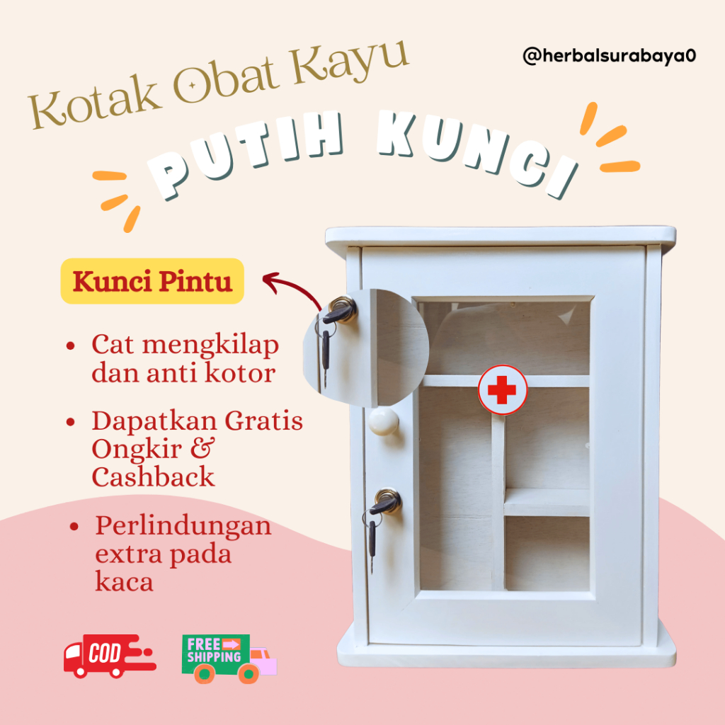 [BIG SALE] Kotak Obat Kayu Kunci Kotak P3K Sekolah & UKS - Include Kunci Finishing Glossy l Premium