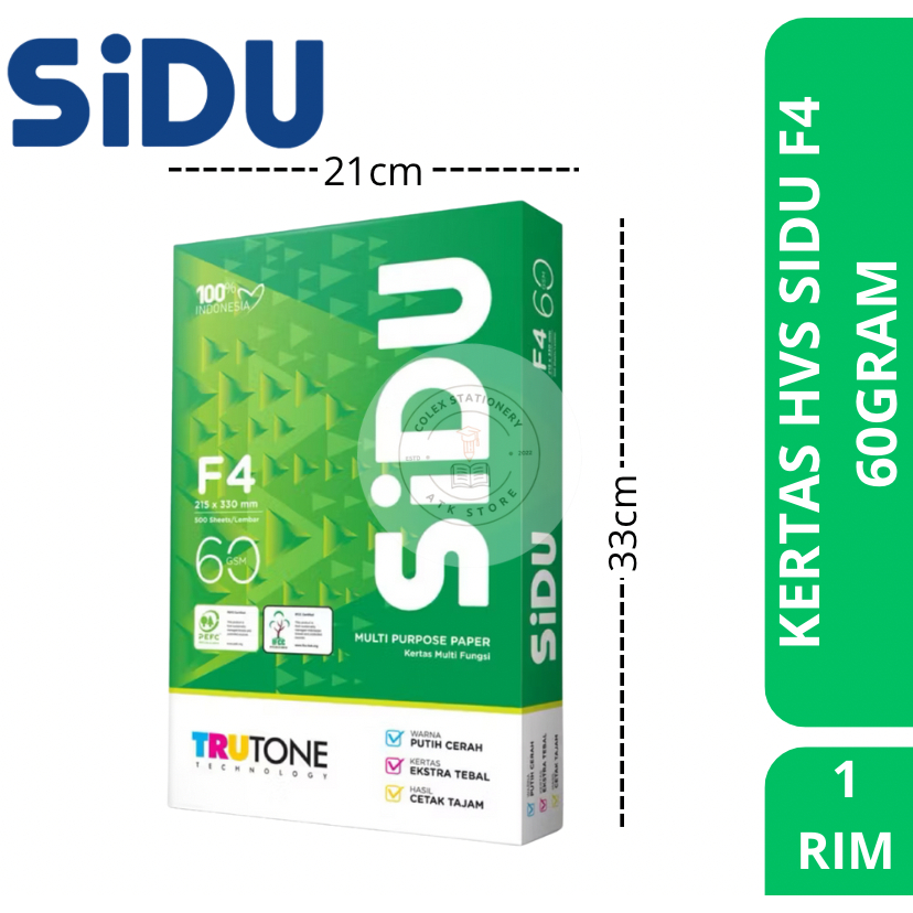 

[1 RIM] Kertas Hvs Sidu Ukuran F4 Tebal 60gram Isi 500 Lembar