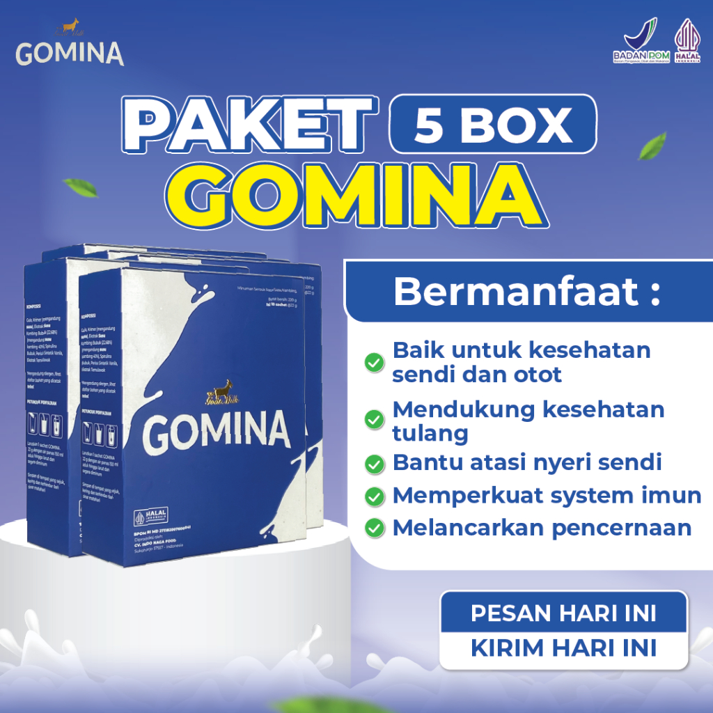 

Paket 5 Box Gomina - Susu Nyeri Sendi Formulasi Baru Dengan Spirulina Biru