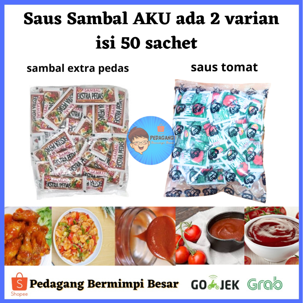 

Saus Sambal AKU ada 2 varian / Sambal Extra Pedas AKU Sachet Isi 50/ Sambal Extra/ Sambal ISI 50sachet/ Saus Tomat isi 50/ saus tomat