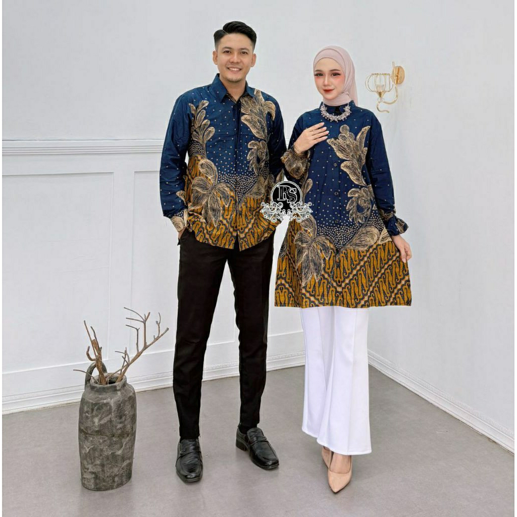 Batik Couple Suami Istri Tunik Batik Anggrek Navy New Katun Jumbo Atasan Wanita Batik Kerja Seragam 