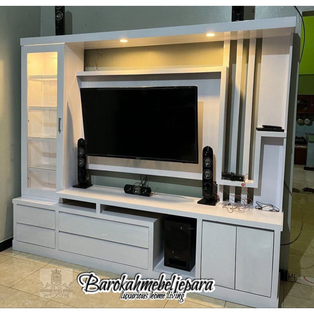 Bufet TV partisi jati Duco putih partisi ruangan jati jepara finishing putih duco minimalis