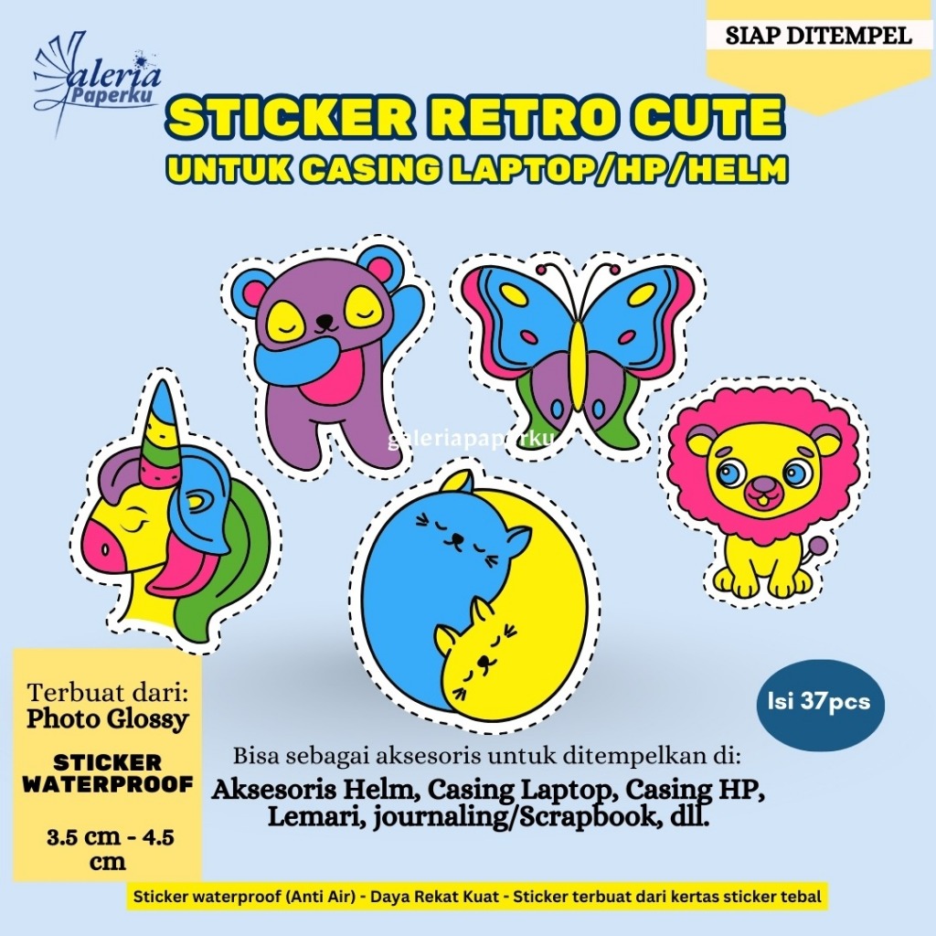 

Sticker Retro Cute Colorful Pack 37 pcs Waterproof Photo Glossy untuk Dekorasi Helm Laptop HP