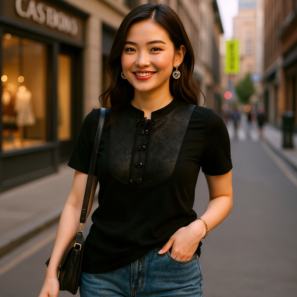 DISUKAI Blus Wanita Lengan Pendek Elegan Kancing Depan – Hitam/Putih