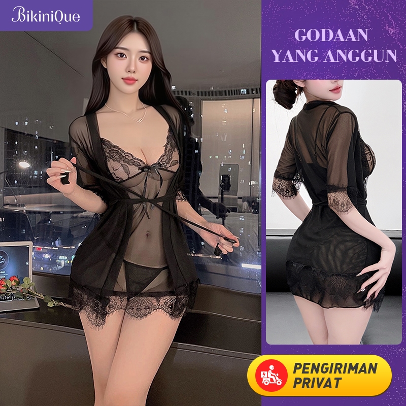 BikiniQue Set Piyama Seksi Wanita Musim Panas Gaun Tidur Tali Renda Tipis Transparan Jubah 3 Potong