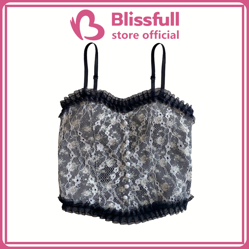 Blissfull - Korean Lace Pearl Floral Tank Top Atasan Wanita Tanktop Korean Style Import