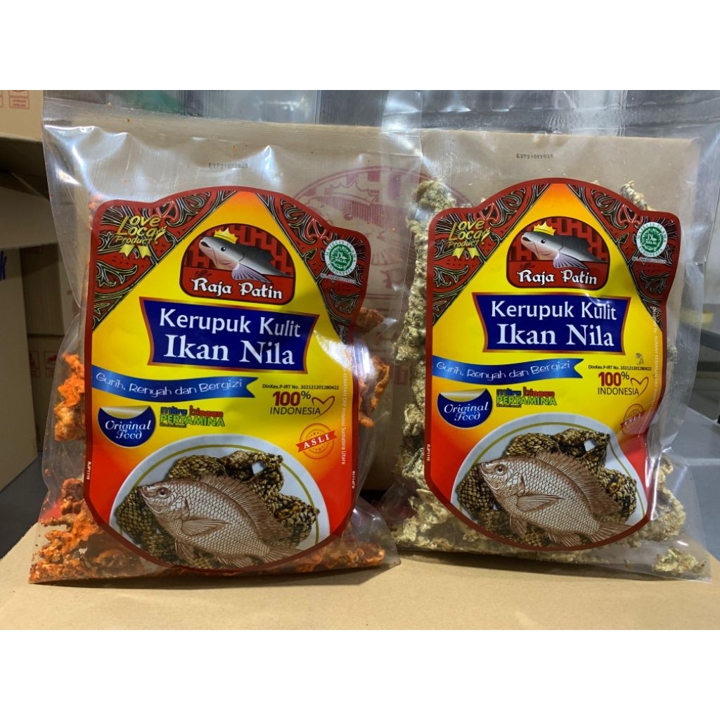 

Kerupuk Kulit Ikan Nila Crispy Gurih- Snack Renyah Tidak Amis by Raja Patin. 150 gr Rasa Balado dan Original