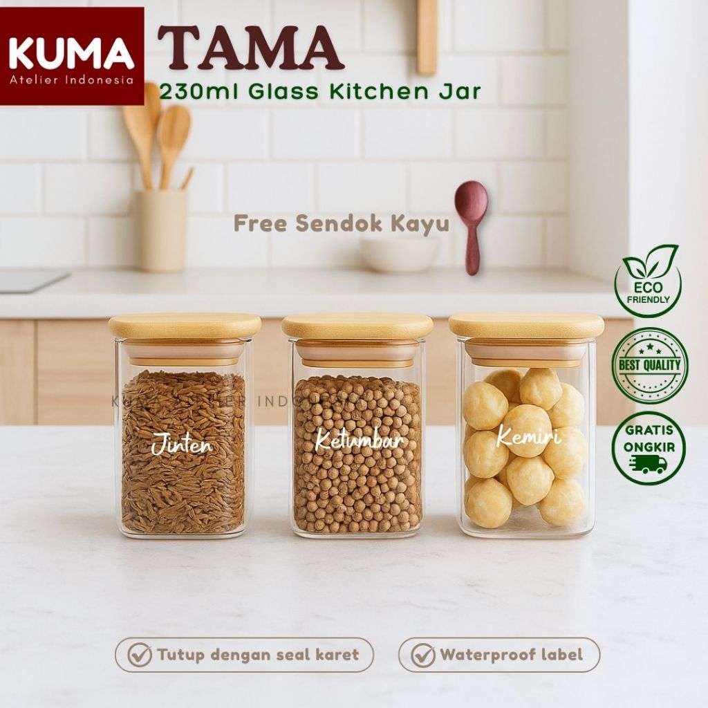 KUMA Tama Toples Kaca Tutup Kayu 230ml Label Putih Waterproof Free Sendok Kayu