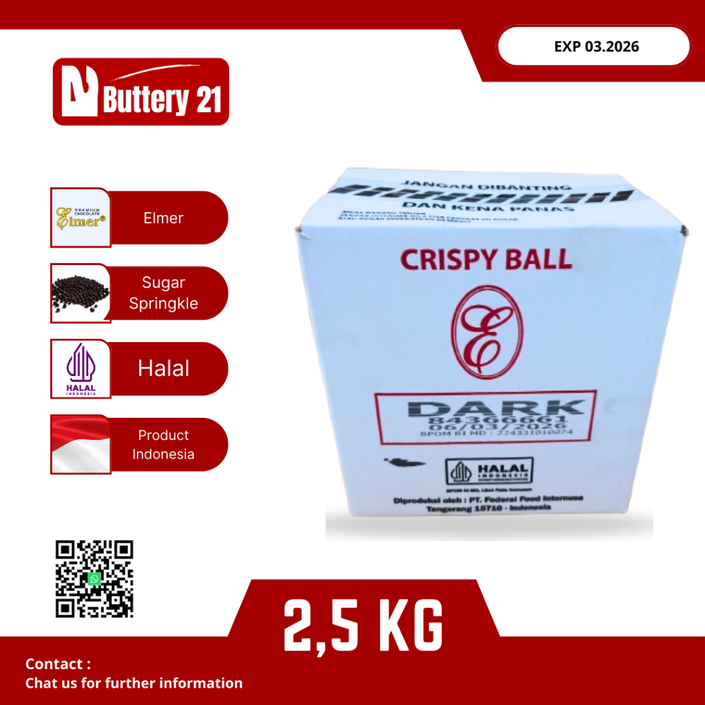 

ELMER CRISPY BALL DARK 2,5 KG/COKELAT HITAM BUTIR/COKELAT CRISPY/CRISPY BALL HITAM