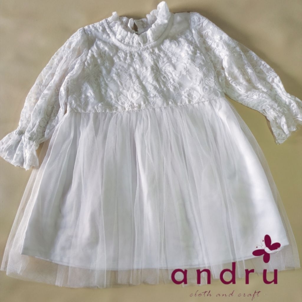 Dress Anak Brokat Tulle Lengan Panjang Putih Elegan