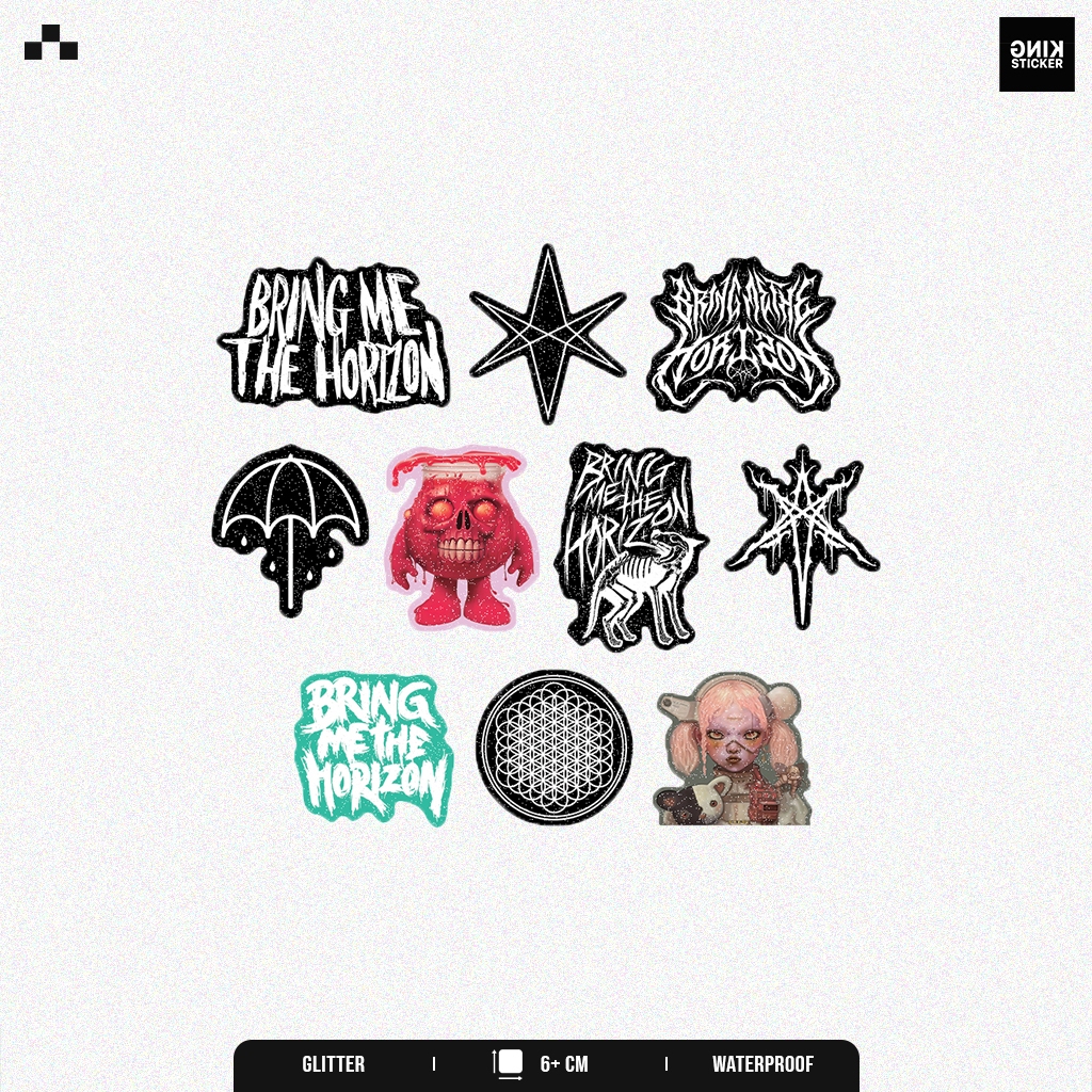 

Sticker Band Bring Me The Horizon dengan finishing Tekstur Glitter, Bahan Vinyl Waterproof Tahan air.