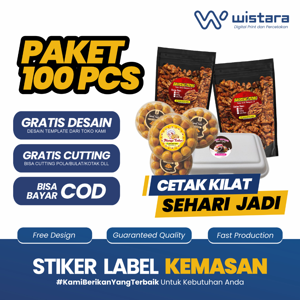 

Stiker Custom Label Kemasan Paket 100 pcs Plus Cutting Kisscut Bahan Chromo
