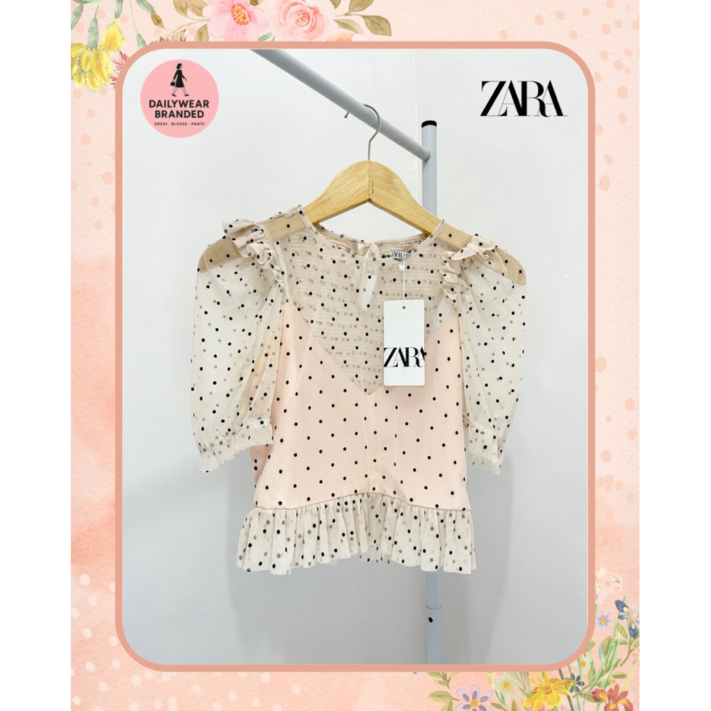 ZARA ORIGINAL POLKADOT RUFFLE BLOUSE CREAM WHITE PUTIH KREM MESH JARING ATASAN