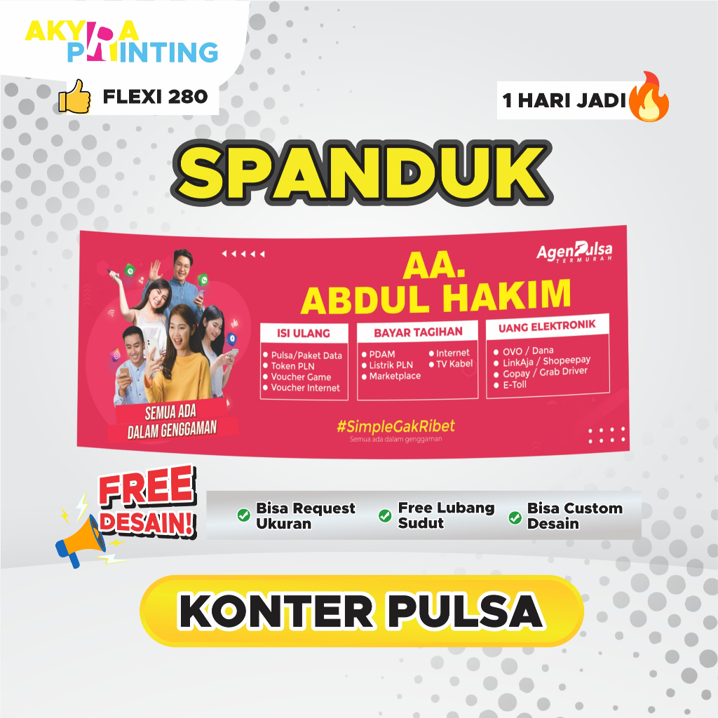 Cetak Spanduk Konter Pulsa - Agen Pulsa - Banner Cell | COD Bahan F280 Best Quality | Sehari Jadi