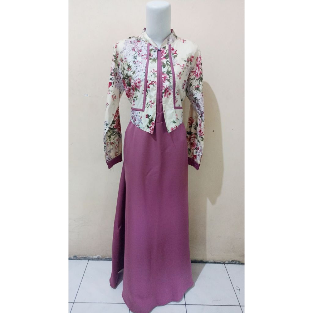 New Long Dress Gamis Panjang Bunga Flower Warna Coklat Cream Ungu Purple Violet Model Rompi Outer In