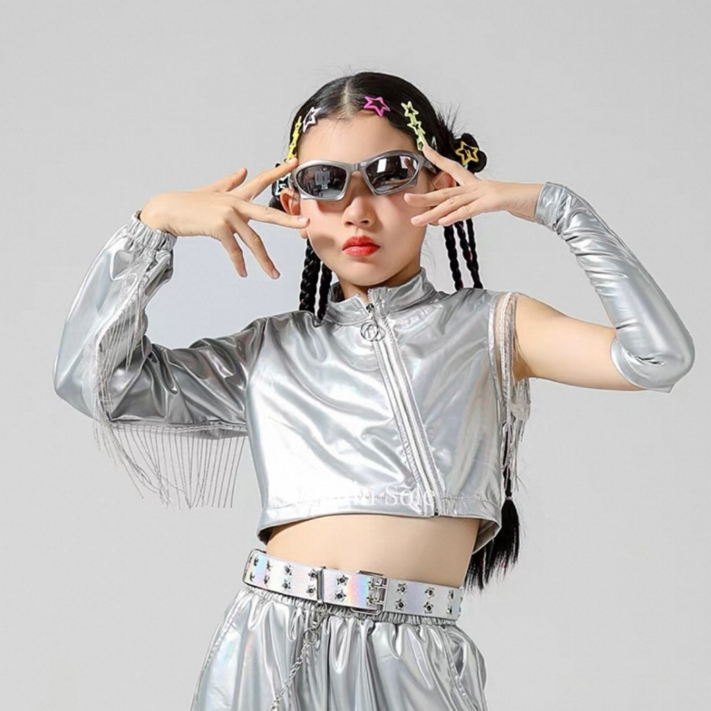 Sequiin Sole One Shoulder Silver Top Kids Dance Costume/Set Baju Dance Anak Hip Hop/Kpop Anak