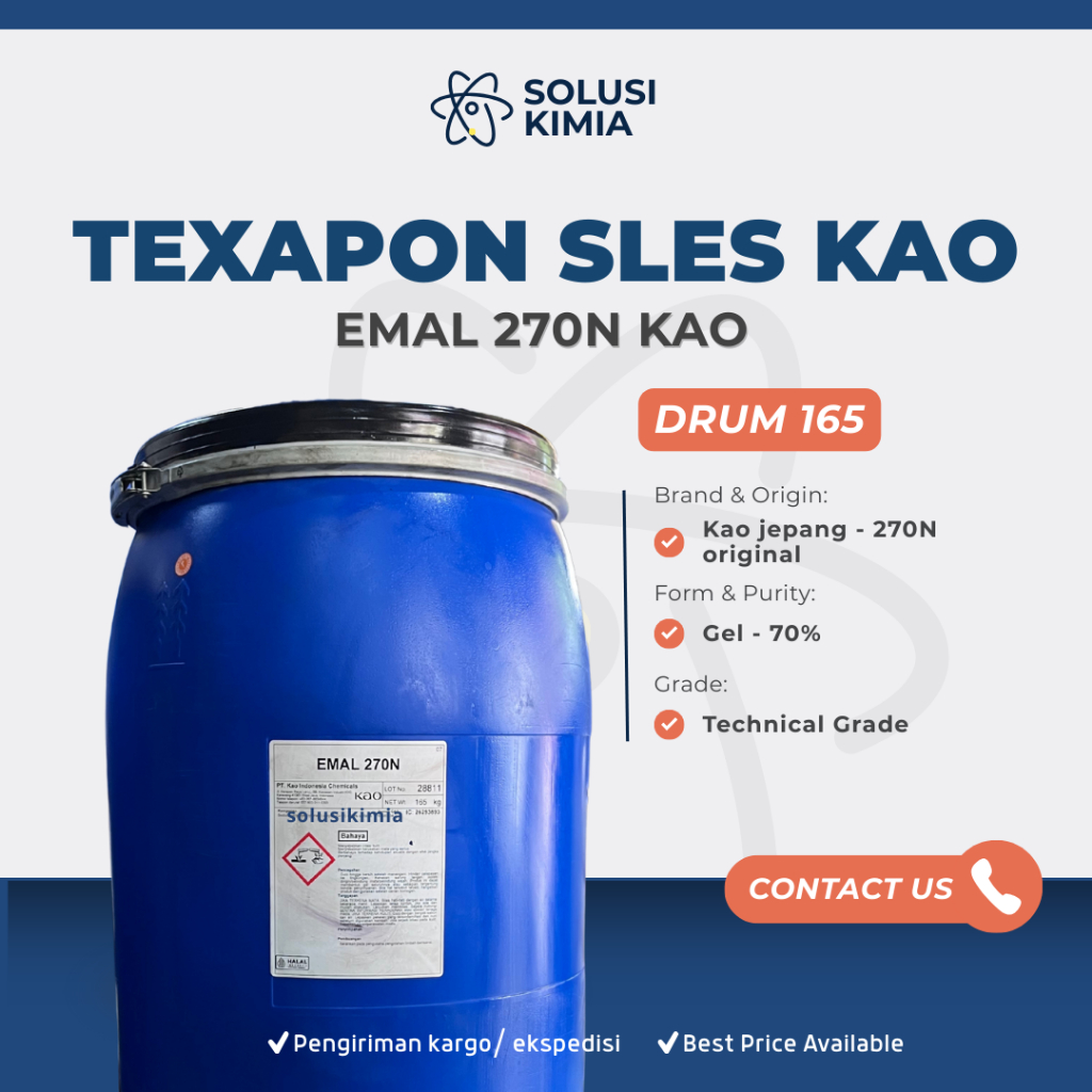 SLES KAO EMAL N270 Drum 165kg – Texapon Sodium Lauryl Ether Sulfate Bahan Sabun, Shampoo & Detergent