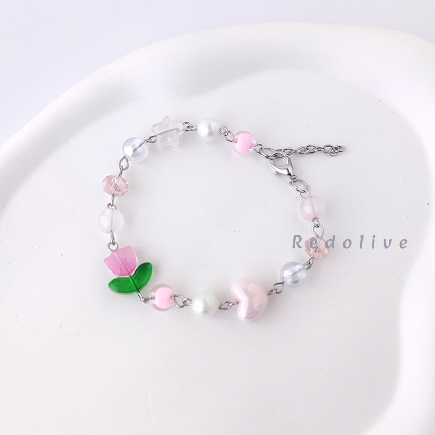 Gelang Manik Mutiara Kristal Bintang Bunga Tulip Kaca Bracelet Mote Chain Love dengan Desain Elegan