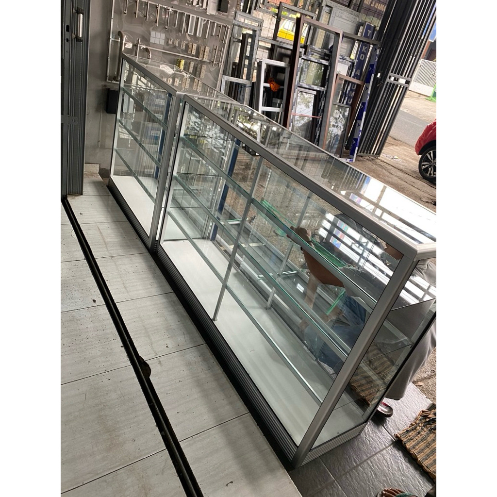Etalase kaca aluminium toko warung warna silver ukuran 1m 1,2m 1,5m 2m