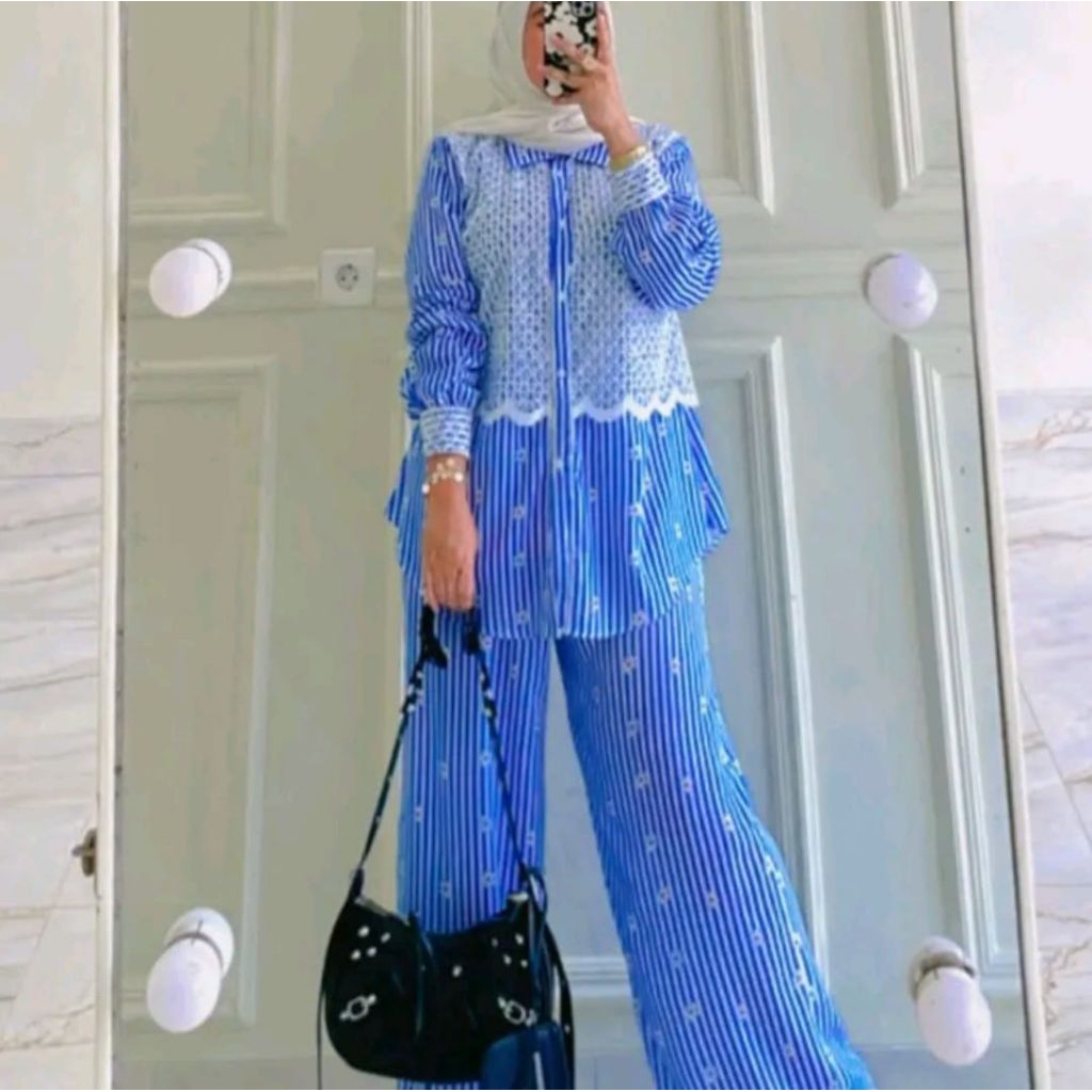 Setelan Wanita Jumbo PP Salur Kemeja Mix Tile Brukat Celana Kulot Oversize