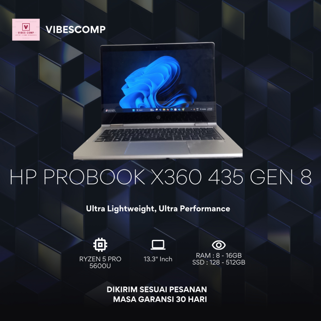 HP Probook X360 435 G8 Ryzen 5 5600U (2 IN 1 TouchScreen) Ram 16GB SSD 128GB / 256GB / 512GB, Layar 