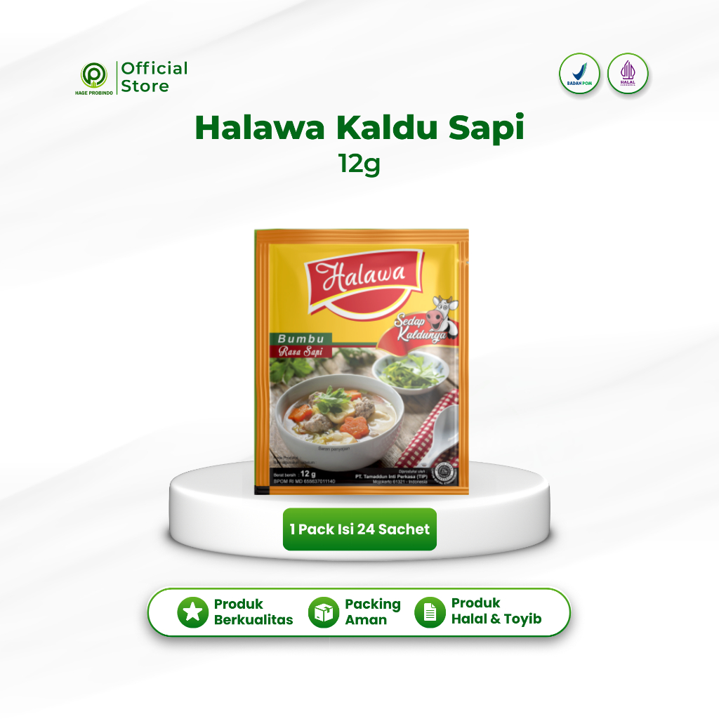 

Halawa Bumbu Probiotik 1 Pack (Isi 24 Sachet) Kaldu Sapi 12g | Bumbu Masak HALAL & BPOM