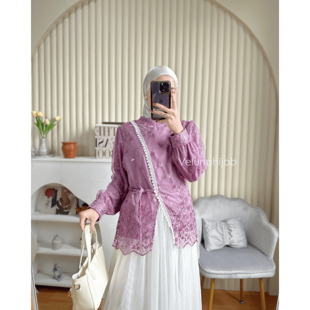 VELUNA || Irene Blouse New Atasan Wanita Bahan Tile Bordir Full Furing Mix Tile Dot