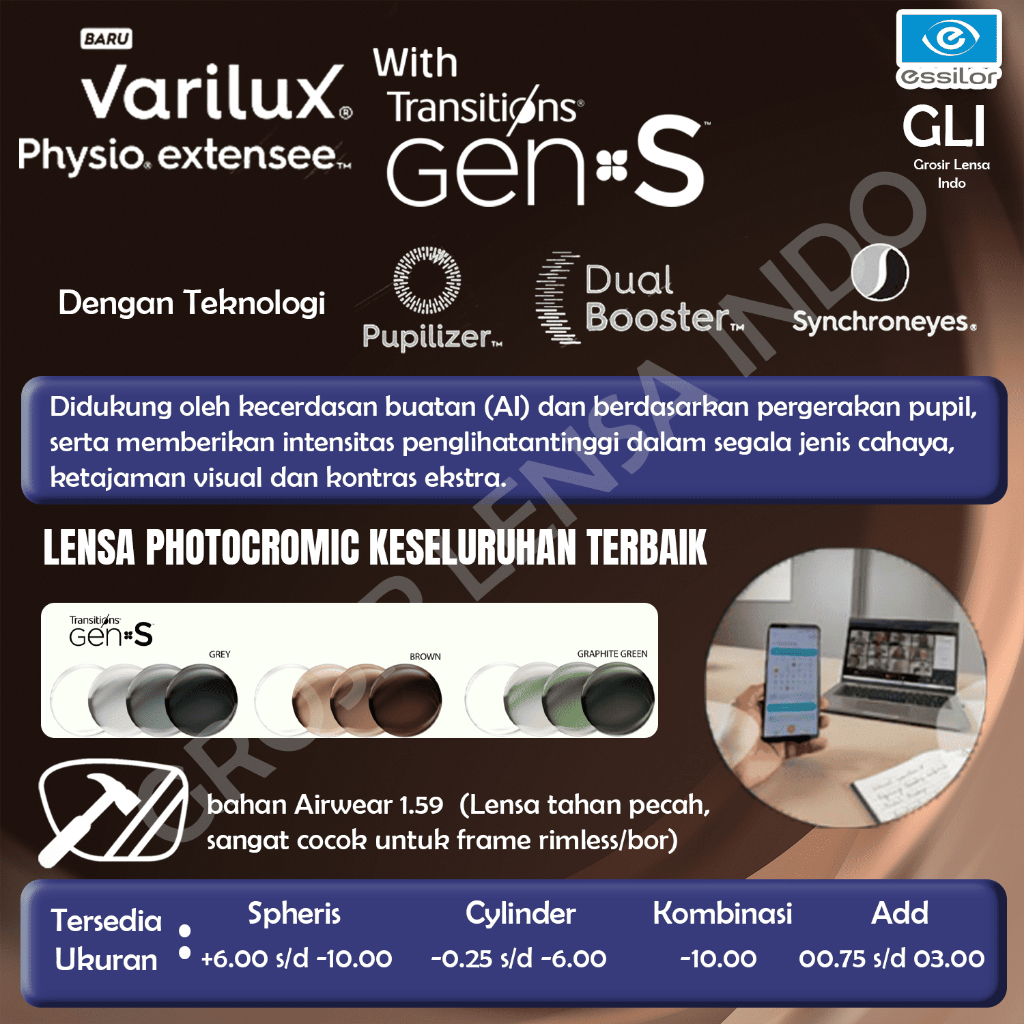 VARILUX PHYSIO EXTENSEE AIRWEAR 1.59 TRANSITION GEN S GARANSI RESMI ESSILOR 2 TAHUN