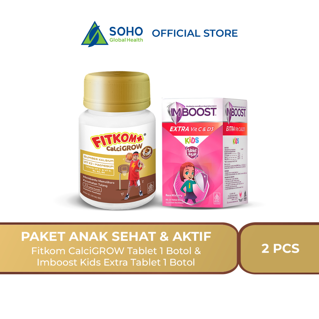 Paket Anak Sehat & Aktif - Fitkom CalciGROW Tablet 1 Botol & Imboost Kids Extra Tablet 1 Botol