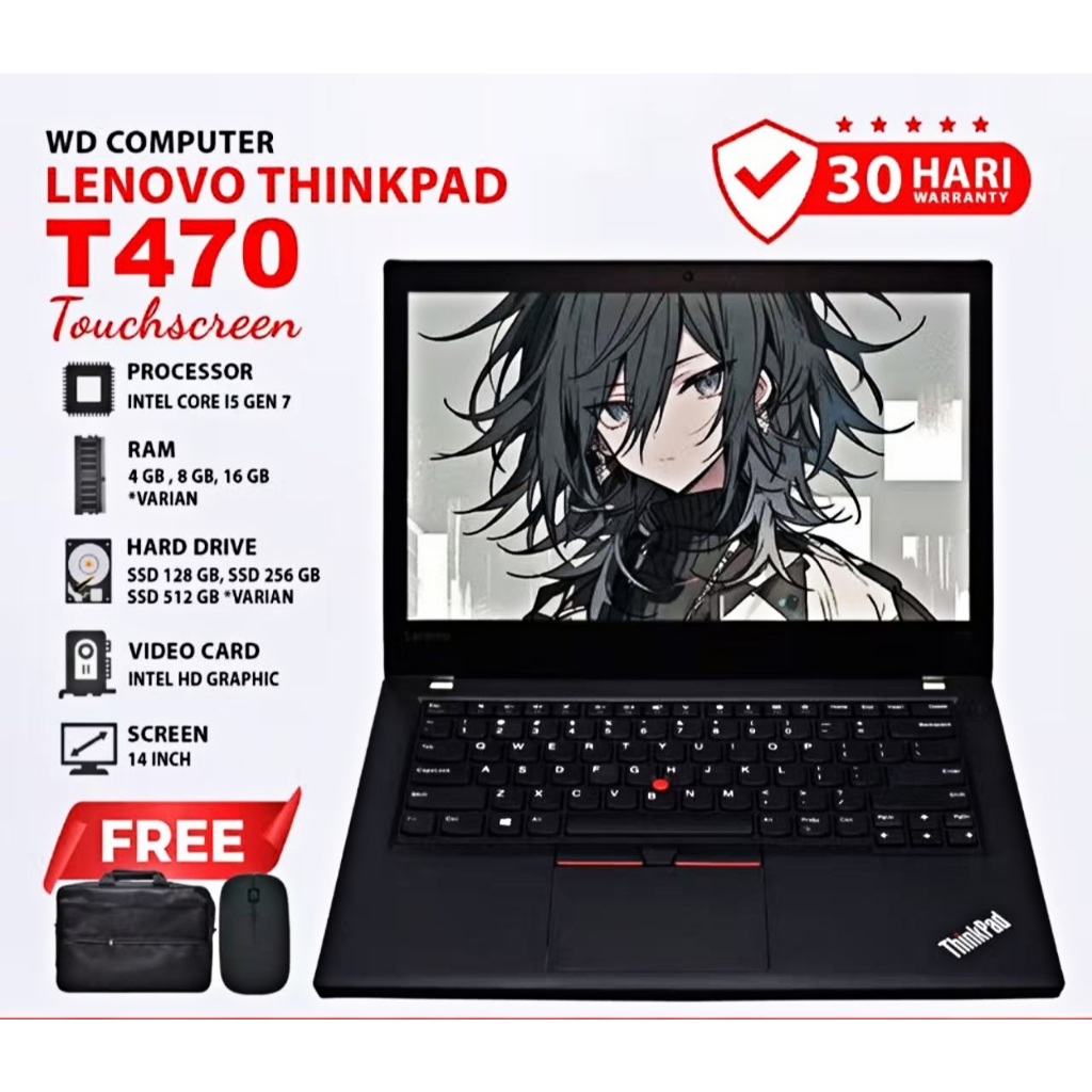 Grade A Original 95 Baru Lenovo Thinkpad T470 i5 Gen 7th RAM 8GB SSD 256GB Windows