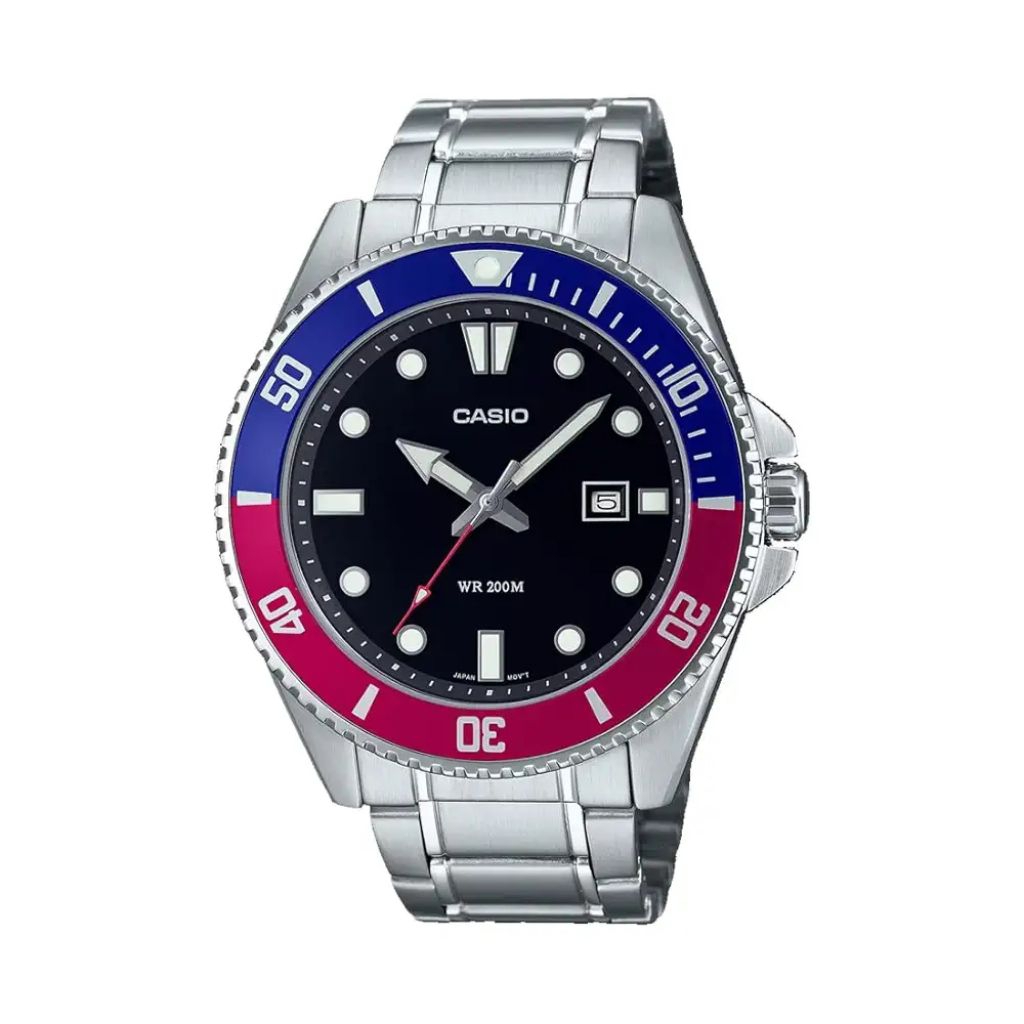CASIO JAM TANGAN MDV 107D 1A3VDF BLUE RED SILVER SS MARLIN DURO
