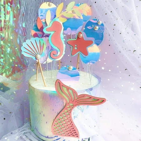 DekorKue Topper Cake Mermaid Laut 4Pcs – Dekorasi Kue Tema Laut Holografik Lucu