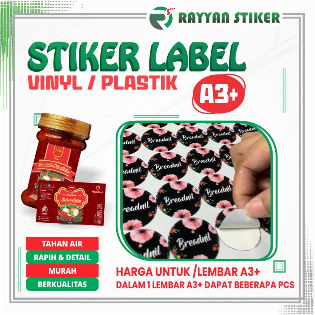 

Stiker Lebel Kemasan Makanan Minuman Custom Sticker Label Bahan Vinyl Glosy/Doff Cutting Ukuran A3+