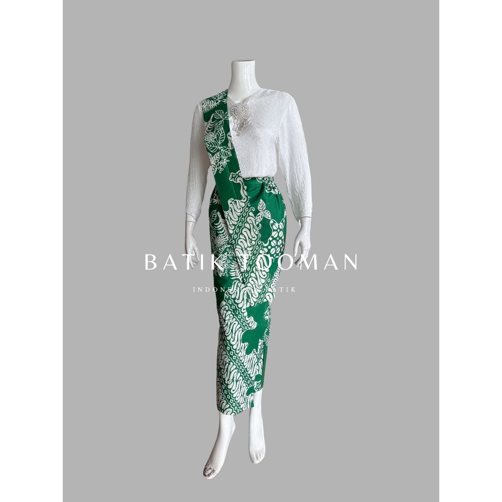 UTARI EMERALD GREEN WHITE Rok Batik Span Instan Resleting Warna Hijau Putih Katun Halus Berselendang
