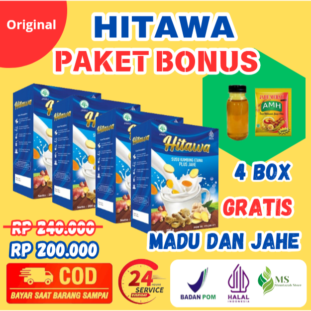 

[ PAKET 4 BOX HITAWA GRATIS MADU DAN AMH ] [ BISA COD + GARANSI ] Hitawa Susu Kambing Etawa Plus Tambahan Herbal Jahe Merah Untuk Nyeri Sendi Kolesterol Asam Urat kemasan 200 gr