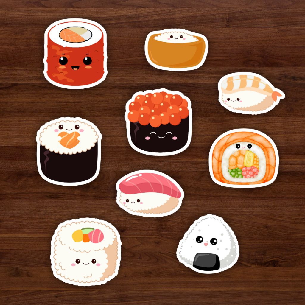 

Sticker Vinyl Matte Mungil Cute Japanese Food Sushi 4-6 CM Dekorasi Scrapbook Journal
