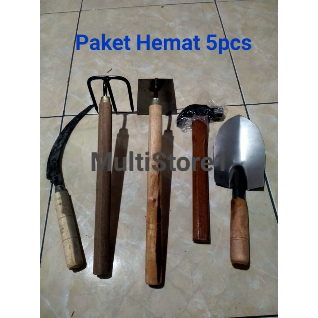 Paket Hemat 5pcs Peralatan Berkebun(sekop taman,palu,arit padi,garuk gagang kayu,pacol gagang kayu,)
