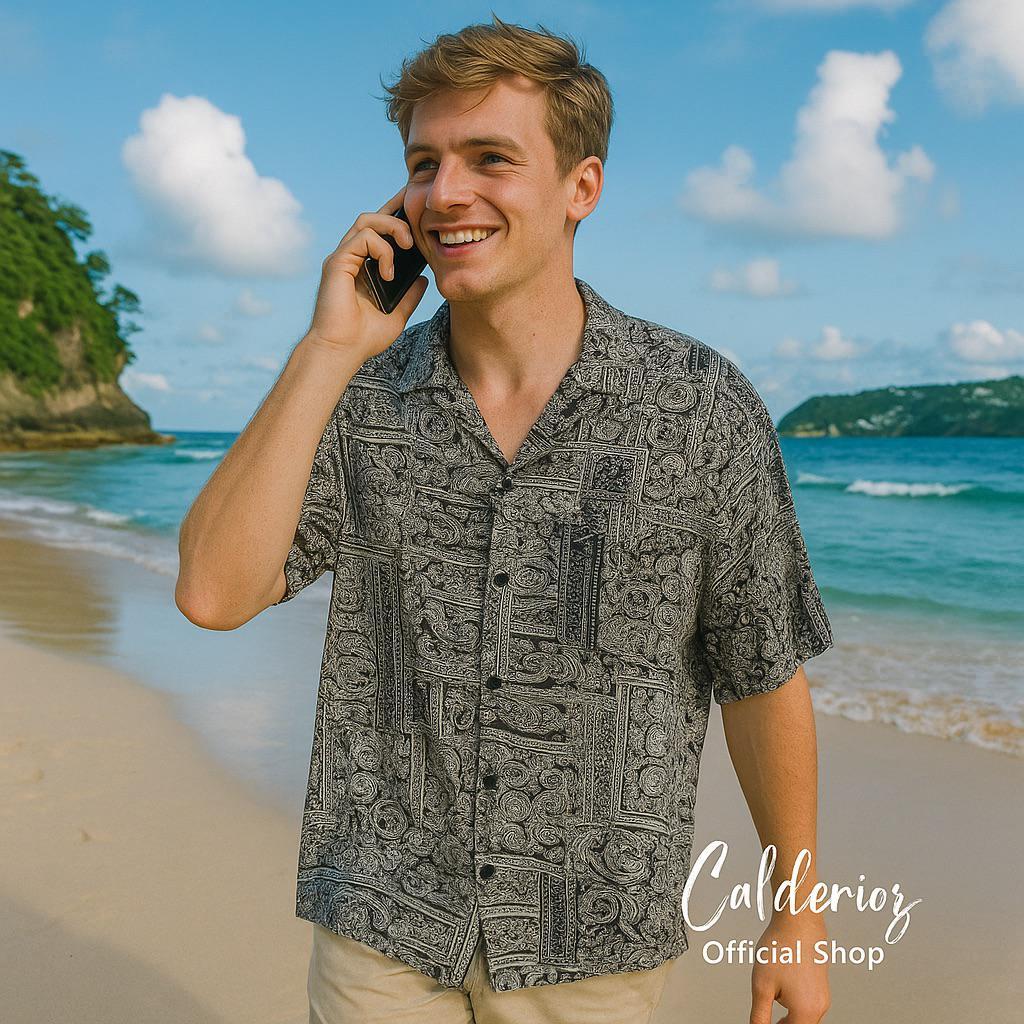 Calderioz - Kemeja Summer Paisley Black Lengan Pendek Pria Wanita Outfit Santai Casual