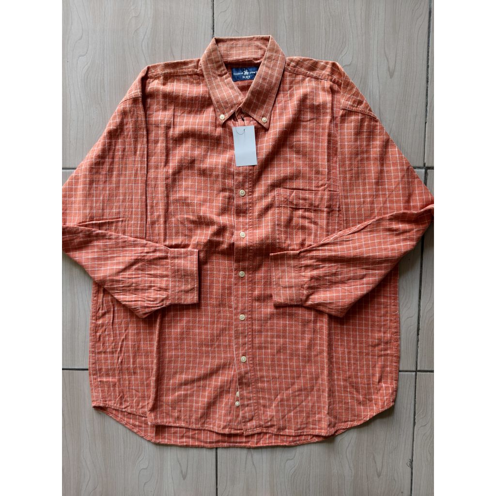 Kemeja Pria Flanel Katun Merek Knight Round Table Warna Orange Motif Kotak Kotak Putih Size XL to XX