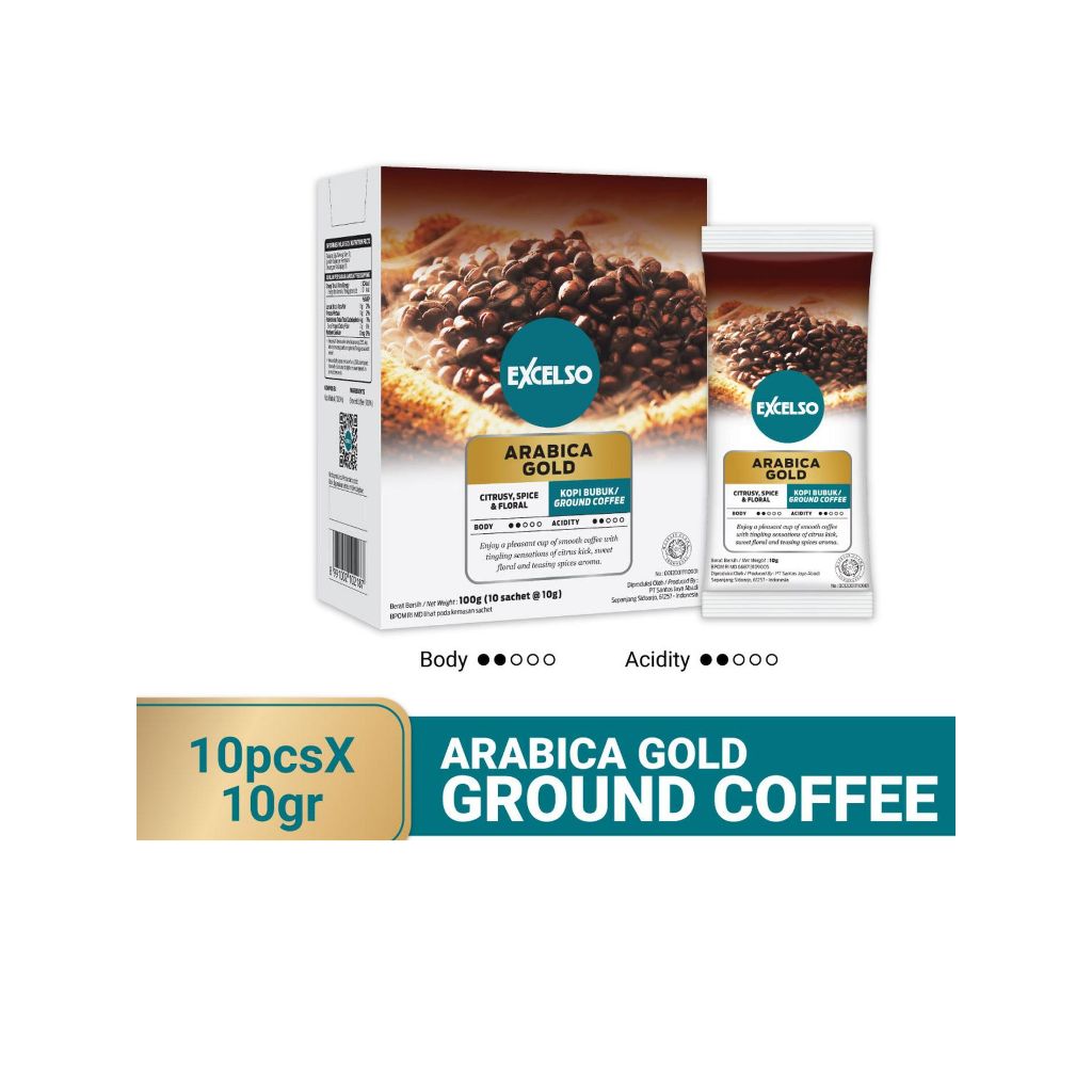 

Excelso Kopi Single Serving Arabica Gold Folding Box Bubuk 10 Sachet x 10gram Ground Coffee