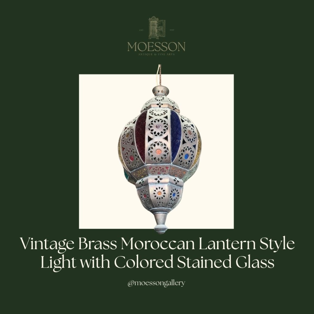 Lampu Lentera Maroko Kuningan dengan Kaca Patri Berwarna Vintage Lawas Tua