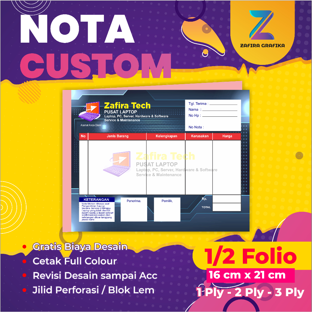 

Nota Toko Satuan Ukuran 1/2 Folio PER BUKU, Desain Bebas, 1,2,3 rangkap, Gratis Desain