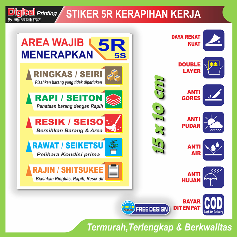 

Stiker tulisan 5R ringkas rapi resik rawat rajin sticker budaya karyawan toko warung kantor dll